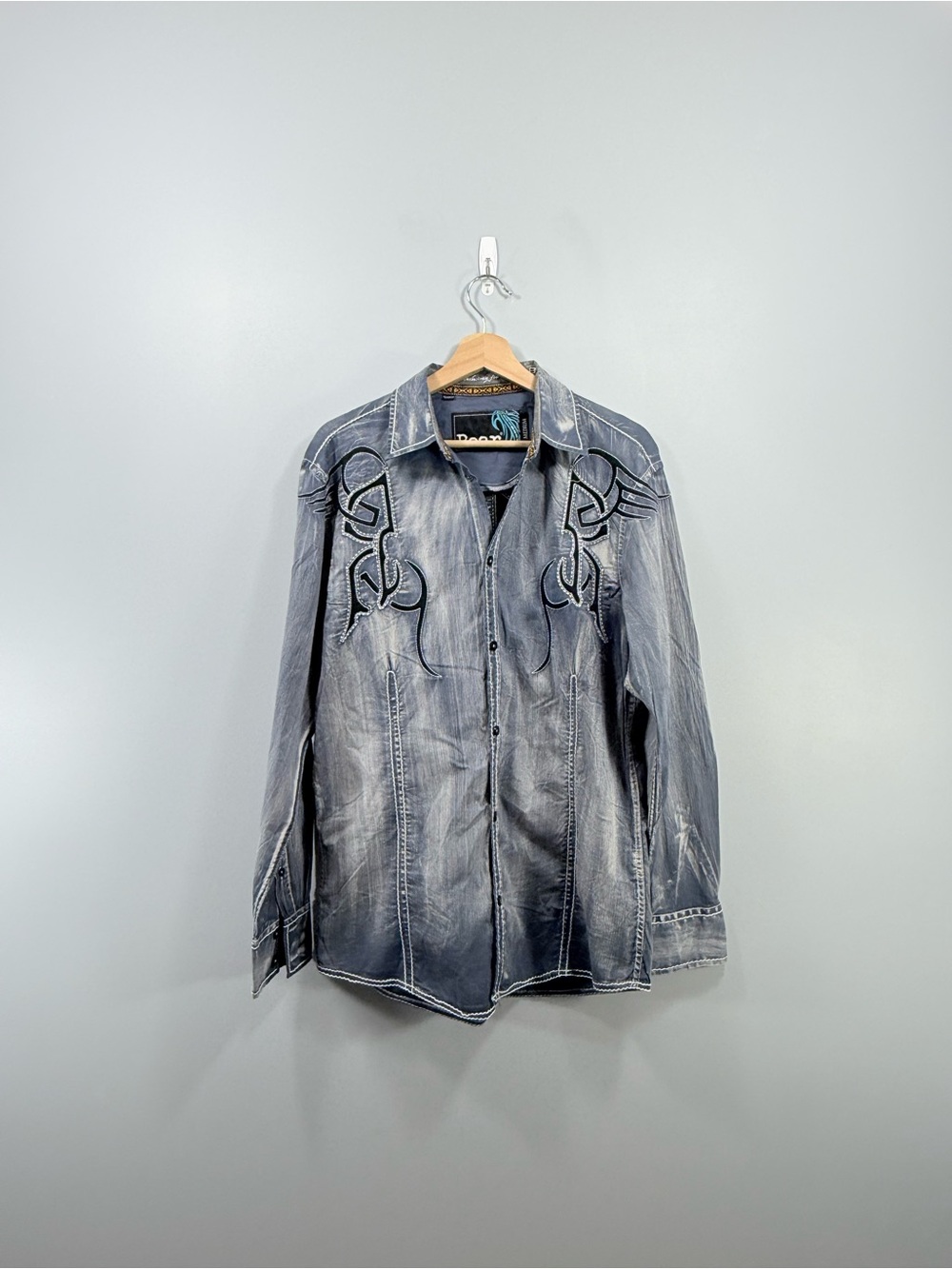 Roar Unique Distressed Grey Western-Style Denim Shirt Medium